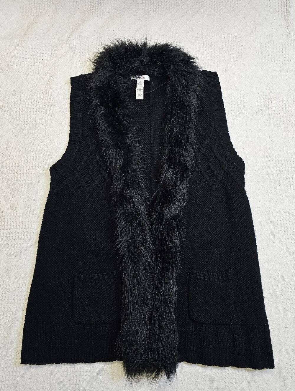 Style&co Womens L Black Knit Sweater Vest Faux Fur Trim Pockets Sleeveless